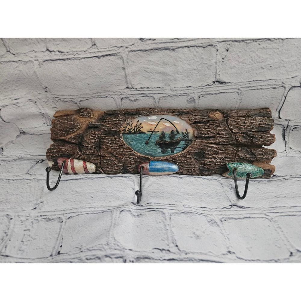 Rustic Fishing Wall Hook Rack Cabin Decor - 3 Hooks Log Look & Bobbers